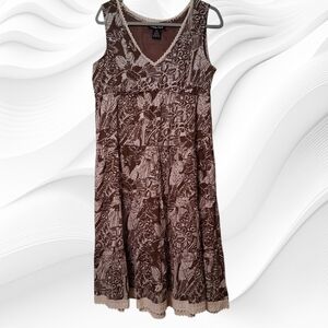 Pretty Pink Brown & Cream Sleeveless Dress Tiered Lace Crochet Hem and Neck MED